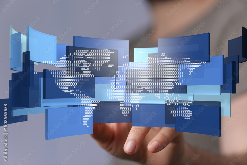 Poster Abstract image of a world map displayed on a hand, representing global connectivity and technology.