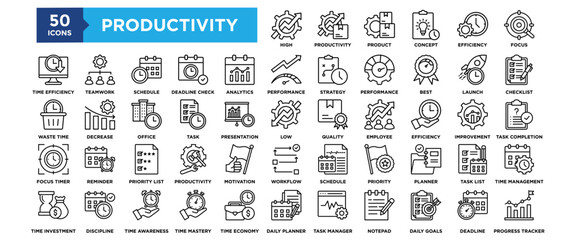50 Productivity icon set. Containing design Task List, Time Management, Deadline, Progress Tracker, Focus	