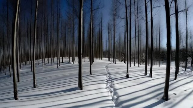 Winter landscape with snow covered ground and footsteps through leafless trees under a clear blue sky in an outdoor scenic view of a forest.