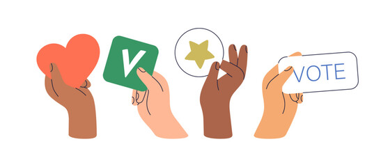Hands with election concept symbols, calling for voting. Voters holding heart, checkmark, star, voice and support signs for political campaign. Flat vector illustration isolated on white background.