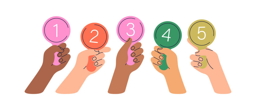 Jury hands holding scoring cards with 1, 2, 3, 4, 5 grades. Judging competition with numbers on scorecards, evaluating, rating in contest, game. Flat vector illustration isolated on white background.