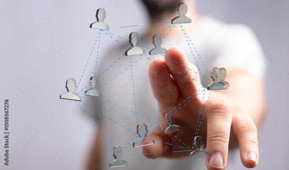 Poster image of a hand interacting with a digital network of people, representing global connections and co