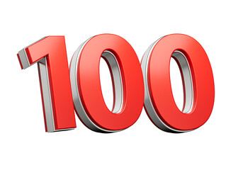 Bold Vibrant Red Number Hundred Number 100 With Metallic On White Background 3D Illustration