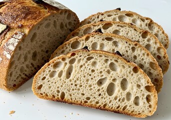 Freshly Baked Sliced Sourdough Bread Artisan Loaf with Crusty Exterior and Airy Texture for Breakfast or Snacks.