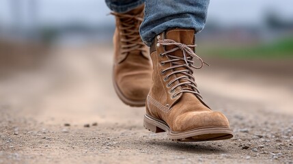 Army fitness test concept, A person wearing brown boots walks on a gravel road, with focus on the sturdy footwear and the dusty ground.