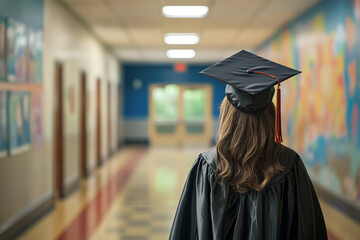 Graduate visiting childhood school in cap and gown