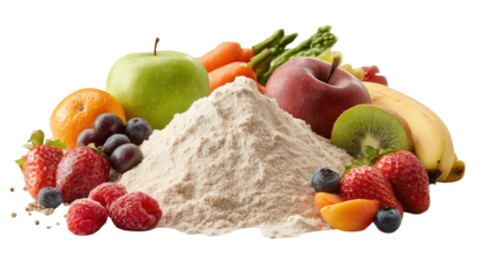Pile of protein powder takes center stage, surrounded by a colorful assortment of fresh fruits and vegetables, promoting a healthy and active lifestyle on a transparent background