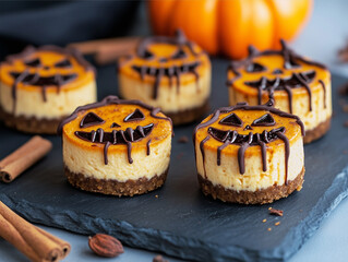 Adorable Mini Halloween Pumpkin Cheesecakes with Chocolate Jack O Lantern Drizzle on a Dark Slate