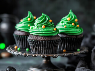 Bewitching Green Frosted Chocolate Cupcakes Adorned with Orange Sprinkles on a Spooky Serving Stand