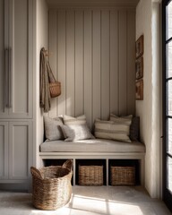 A cozy, light-filled entryway nook with a cushioned bench and storage baskets.