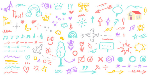 Hand drawn crayon child pencil style icon set. Cute rainbow, heart, crown, flower and sun in colorful kid doodle style. Chalk texture, cloud, smile, star and sketch figure for play or school design　