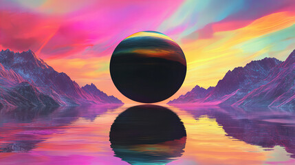 Surreal landscape with floating black sphere above a mirrored mountain lake, surrounded by colorful skies and dreamlike reflections.

