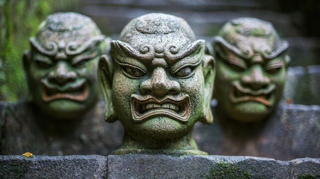 Three fierce stone guardian statues with expressive faces line a mossy stairway, evoking mystery and ancient cultural significance. - Powered by Adobe