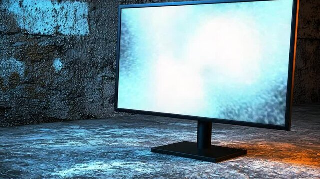 Modern Minimalist Computer Monitor on Grungy Wall Background in Dimly Lit Room with Textured Surface