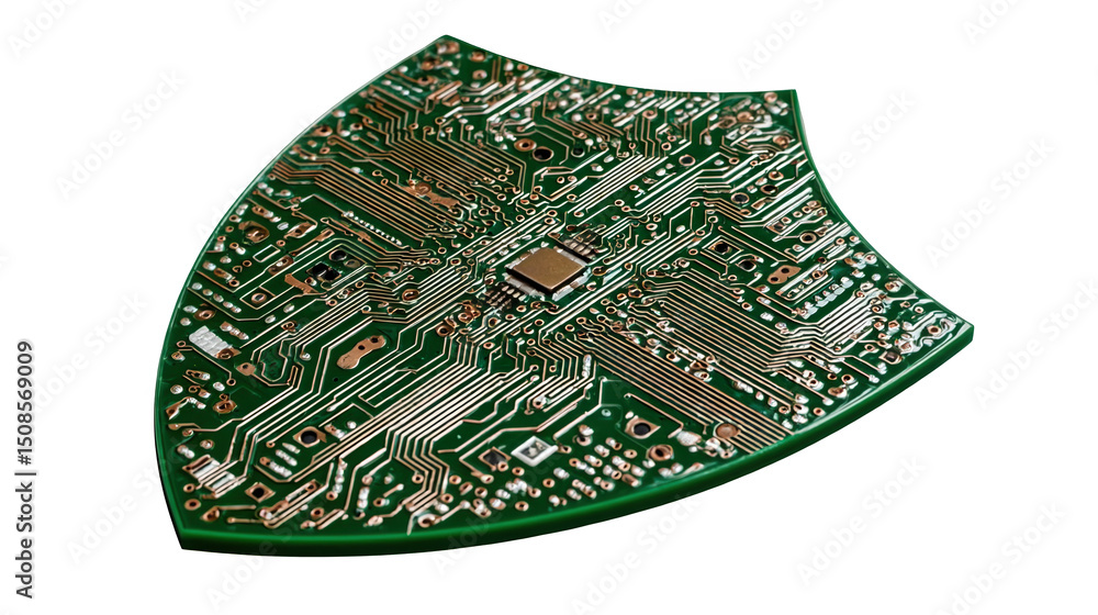 Poster green printed circuit board forming a shield shape, symbolizing cybersecurity and data protection, w