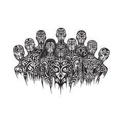Obraz premium Tribal Tattoo Styled People Group Vector Illustration for Mercha