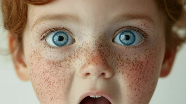 An innocent, shocked expression on the face of a young child with fairy tale blue eyes.