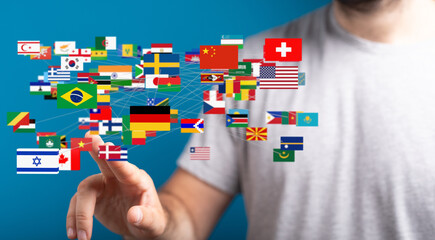 Image of interconnected world flags, symbolizing global communication and networking.