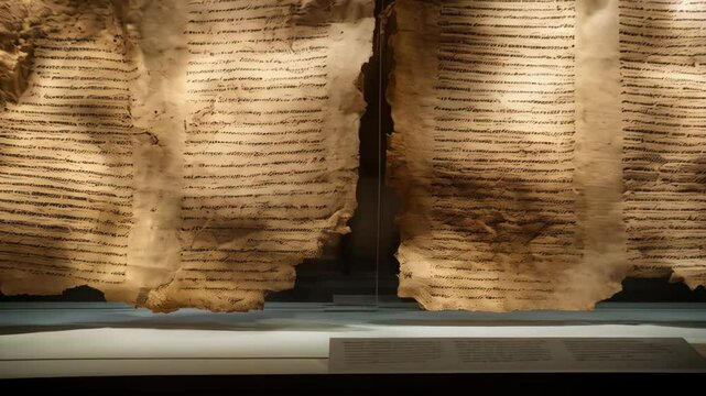 Two ancient, fragile scrolls, inscribed with antique text, displayed behind glass in a museum exhibit, brown aged paper texture.