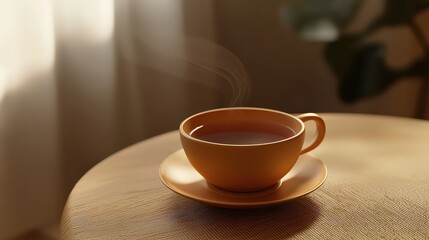 Fototapeta premium Warm cup of tea on a cozy table domestic setting still life relaxing atmosphere natural light