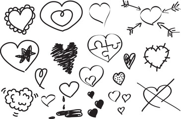 Collection of different hearts drawn with black curved lines, shaded heart, puzzle heart, patch heart, heart with arrows, three hearts, dripping heart, heart with a hole