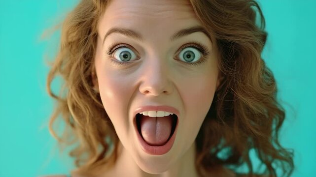 A surprised and innocent looking woman with her mouth wide open.