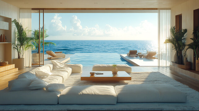 Fototapeta Luxury beach house living room, modern architecture, ocean front property landscape. Sleek contemporary designer furniture, minimalist deco interior, large window, panoramic coastal view background