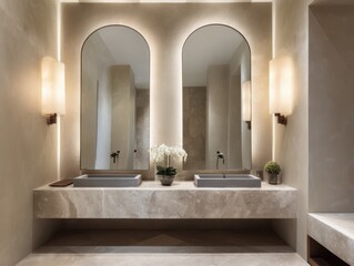 Modern bathroom vanity with double sinks and arched mirrors.