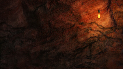 Dark Stone Wall with Edison lamp Lighting 3D Rendering