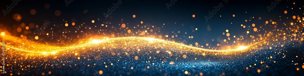 Poster abstract golden wave on vibrant blue, glitter bokeh art texture, dynamic flow pattern background