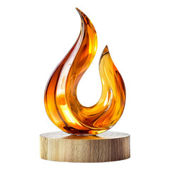 Flame-shaped acrylic trophy with wooden base isolated on tranparent background