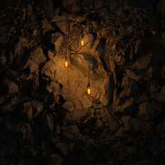 Dark Stone Wall with Edison lamp Lighting 3D Rendering