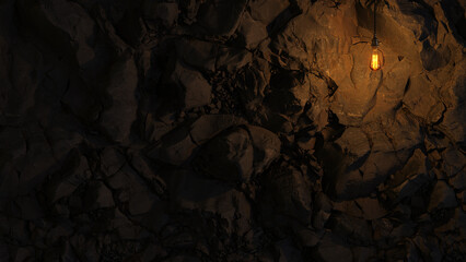 Dark Stone Wall with Edison lamp Lighting 3D Rendering