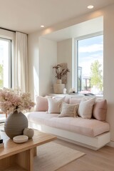 Light-pink window seat in a modern living room.
