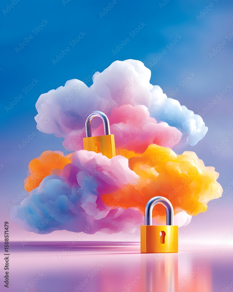 Poster two colorful clouds with padlocks symbolize cloud security and data protection under a vibrant sky.