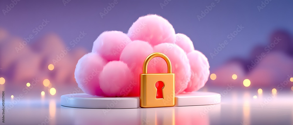 Poster a pink cloud-like structure with a golden padlock sits on a platform, symbolizing secure cloud stora