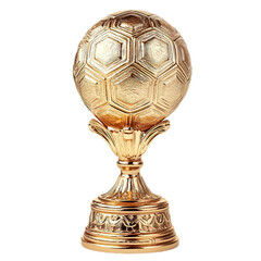 Golden football trophy, ornate pedestal base, intricate craftsmanship, metallic shine, photorealistic render isolated on tranparent background