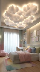 Light-filled bedroom with cloud-shaped ceiling fixture.