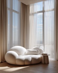 White sectional sofa and side table in a modern living room.
