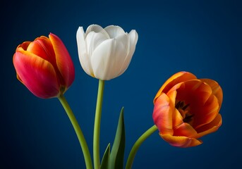 Vibrant Tulip Flowers Red, White and Orange Blooms Against Blue Background. Spring Floral Photography.