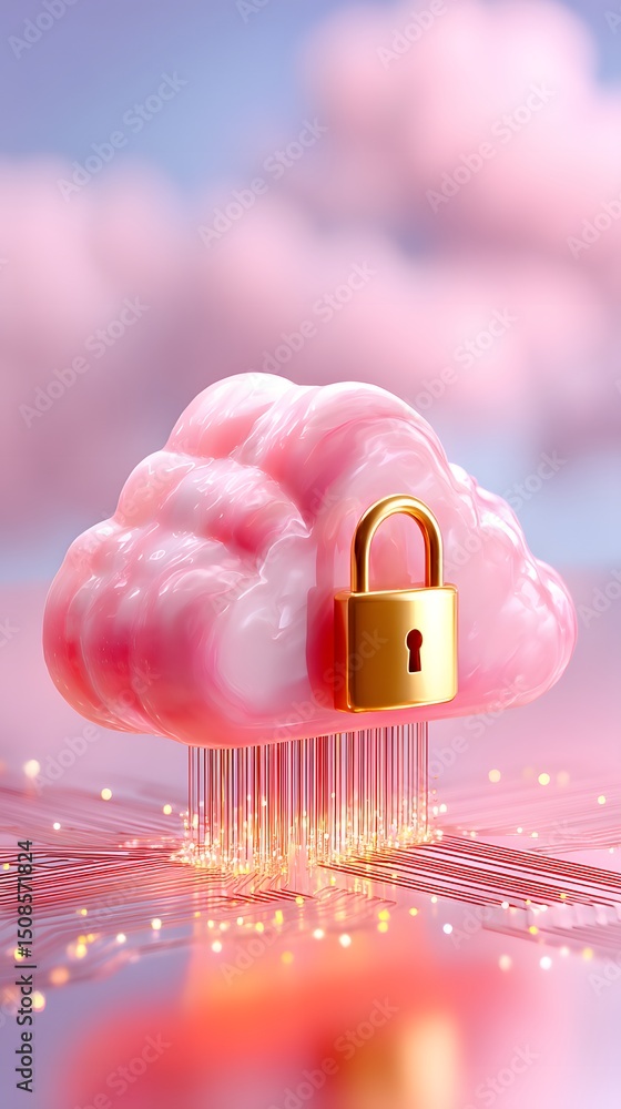 Poster a pink cloud with a golden padlock symbolizes secure cloud computing and data protection.