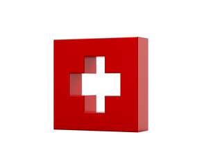 Obraz premium 3D Red first aid icon with a white cross, symbolizing medical help and healthcare. 3d illustration
