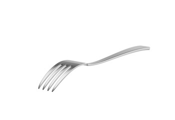 A sleek stainless steel fork with a reflective finish and a slightly curved handle. 3D Illustration
