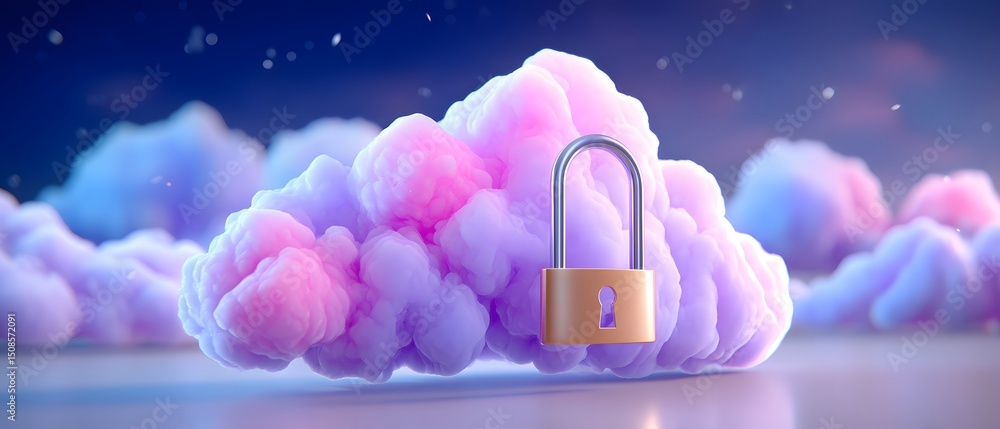 Poster a pastel-colored cloud with a padlock symbolizes secure cloud storage and data protection in a digit