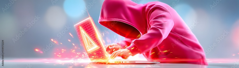 Poster a person in a red hoodie types on a laptop with a digital warning symbol, suggesting hacking or cybe
