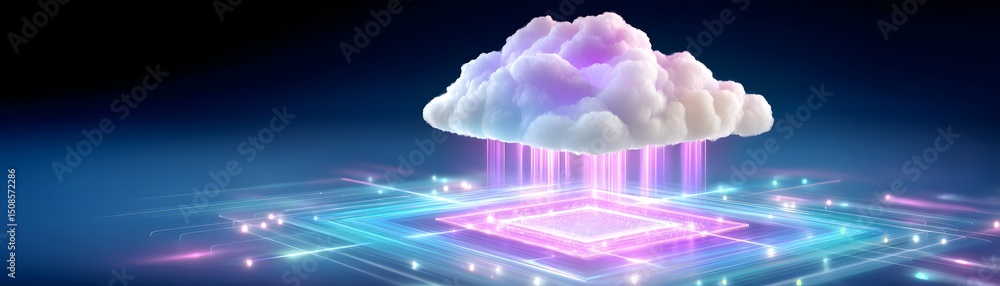 Poster a glowing cloud hovers above a digital circuit board, symbolizing cloud computing and advanced techn