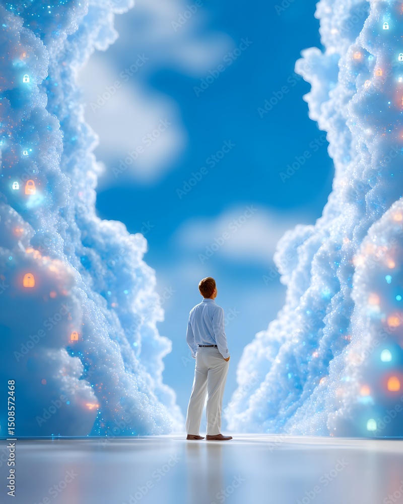 Poster a man stands before a cloud-like gateway with digital lock icons, symbolizing cloud computing securi