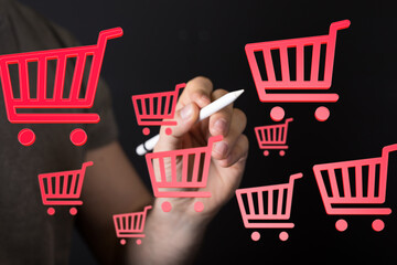 Hand drawing red shopping cart icons.  E-commerce, online shopping, digital marketing.