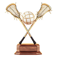 Lacrosse trophy with two golden sticks crossing behind a polished ball, resting on a carved wooden base isolated on tranparent background