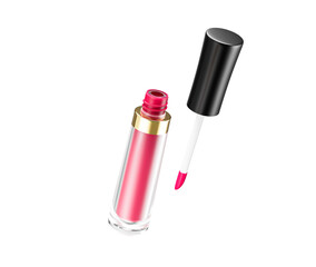 An open tube of bright pink lip gloss with a transparent body and a gold band, 3D Illustration